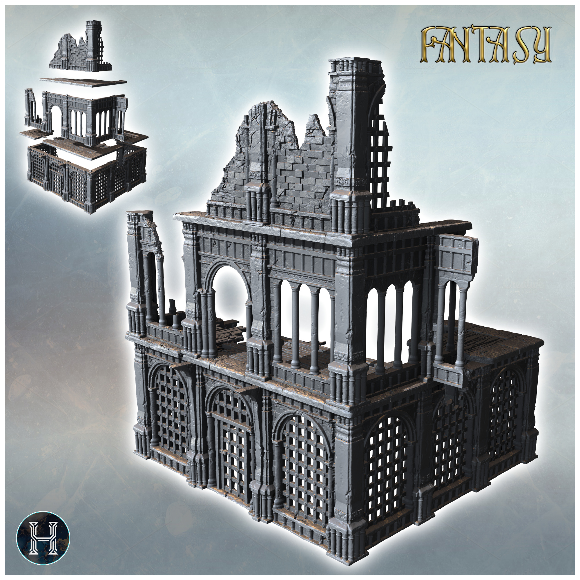 Partially destroyed gothic structure with columns and arches revealing intricate details (14) - Medieval Gothic Feudal Old Archaic Saga 28mm 15mm RPG